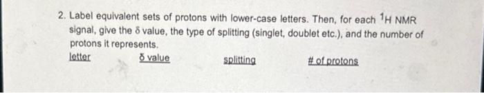 each 1H NMR signal, give the value, the type of splitting (singlet,
