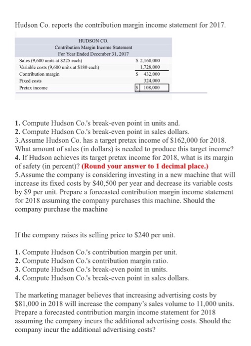  Hudson Co. reports the contribution margin income statement for 2017. HUDSON