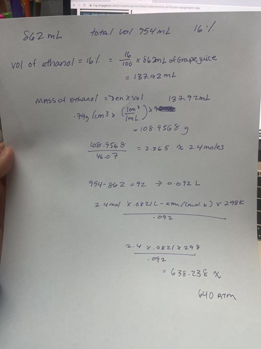 and include answer C.H2Os(aq) + 2C,H,OH(aq) +200 (9) Fermentation of 862 ml