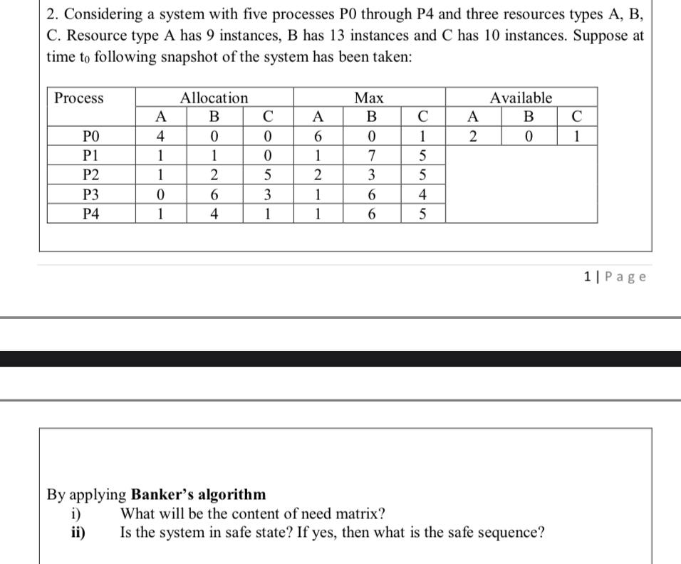  Considering a system with five processes P0 through P4 and three