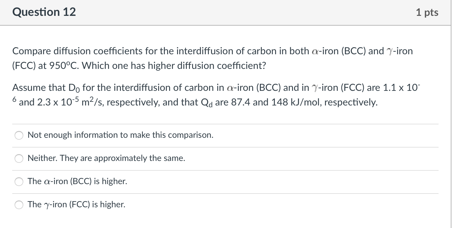 Material science Question 12 1 pts Compare diffusion coefficients for the interdiffusion