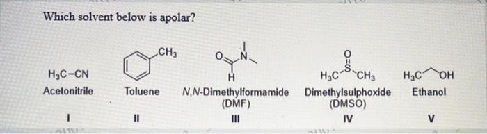 a_III b_V c_I d_IV e_II Which solvent below is apolar? CH3 HEC-CN