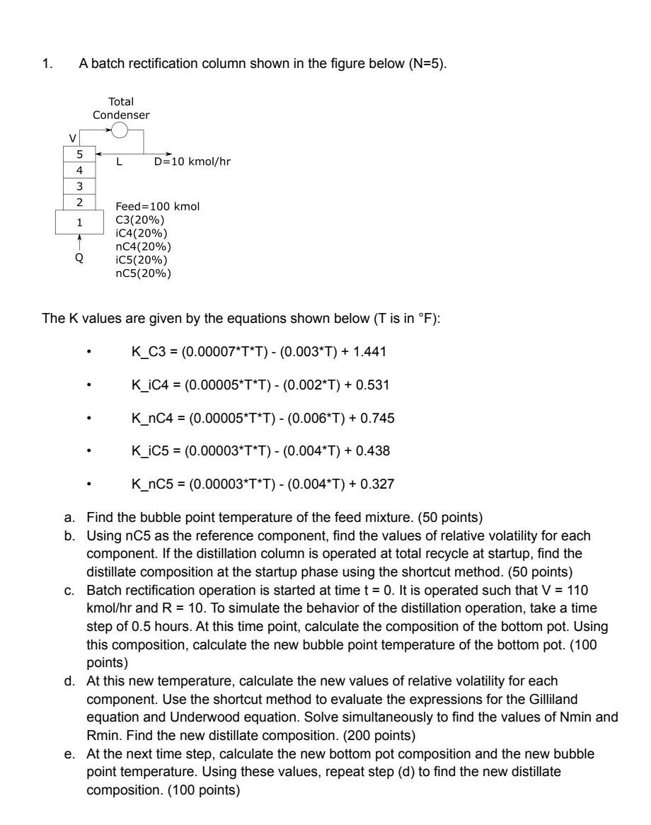  1. A batch rectification column shown in the figure below (N=5).