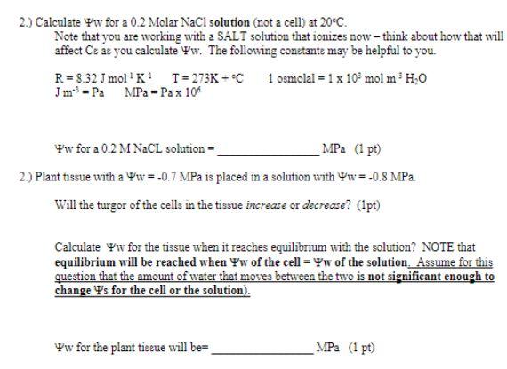  2.) Calculate Vw for a 0.2 Molar NaCl solution (not a