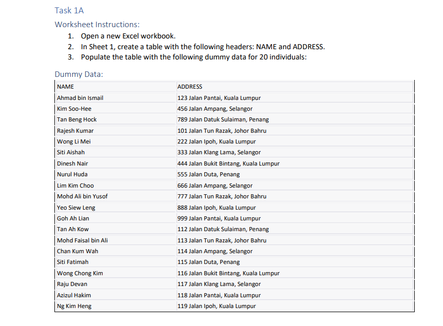  Task 1A Worksheet Instructions: Open a new Excel workbook. In Sheet
