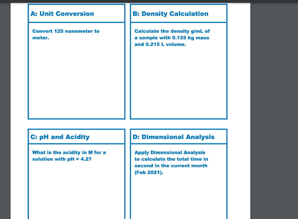  A: Unit Conversion B: Density Calculation Convert 125 nanometer to meter.