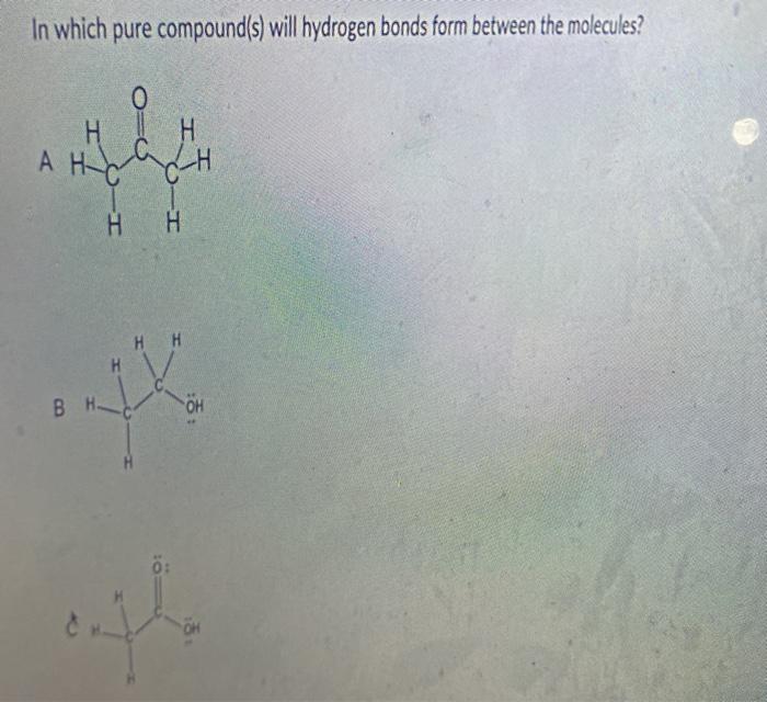  In which pure compound(s) will hydrogen bonds form between the molecules?