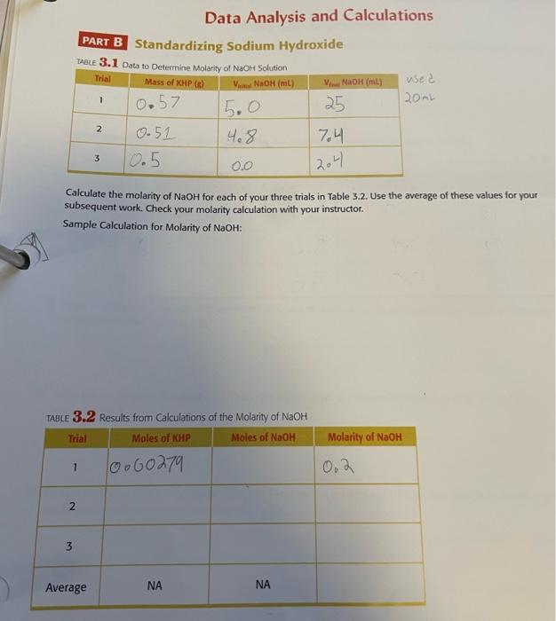  Data Analysis and Calculations PART B Standardizing Sodium Hydroxide TABLE 3.1