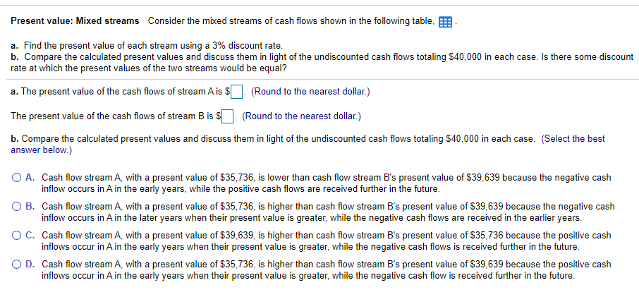  Refer to table attached Present value: Mixed streams Consider the mixed