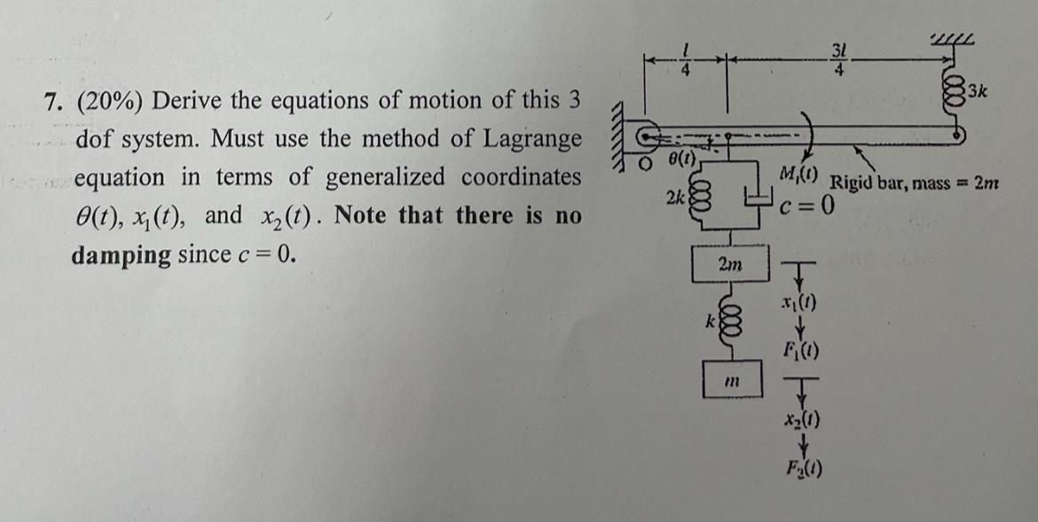  (20%) Derive the equations of motion of this 3 dof system.