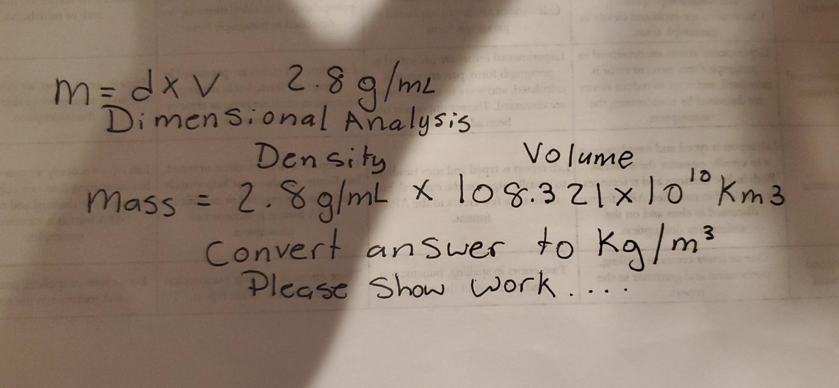 please show work m= dx V 2.8g/mL Dimensional Analysis Density Volume