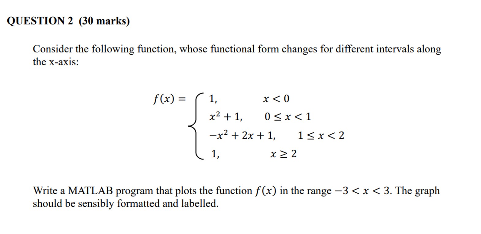  QUESTION 2(30 marks) Consider the following function, whose functional form changes