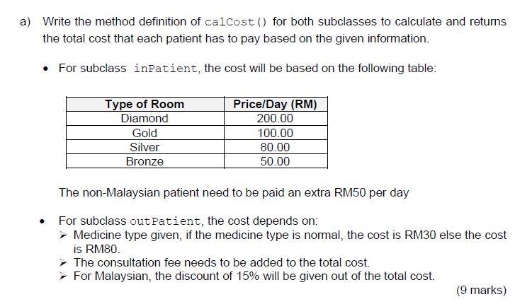 the following hierarchy of superclass Patient and their subclasses; Inpatient and Outpatient