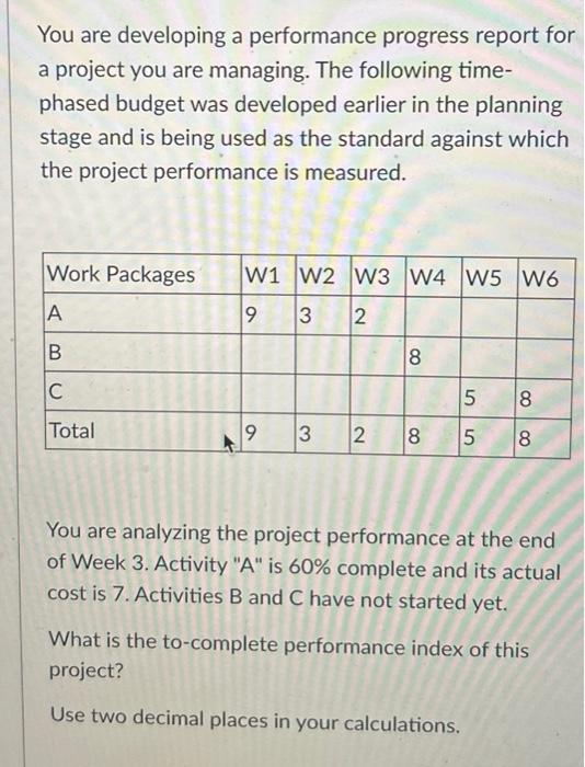  You are developing a performance progress report for a project you