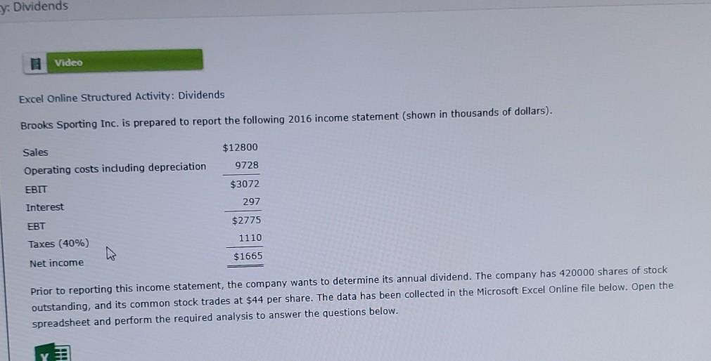 y: Dividends 1 Video Excel Online Structured Activity: Dividends Brooks Sporting