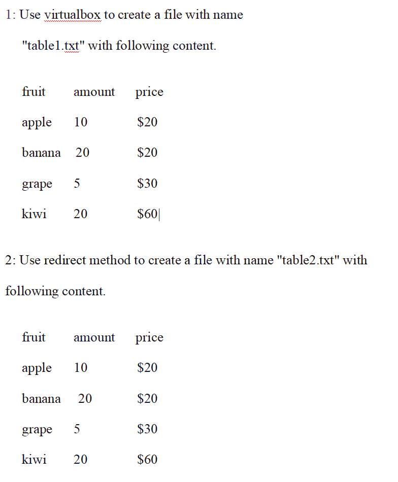  1: Use virtualbox to create a file with name "tablel.txt" with