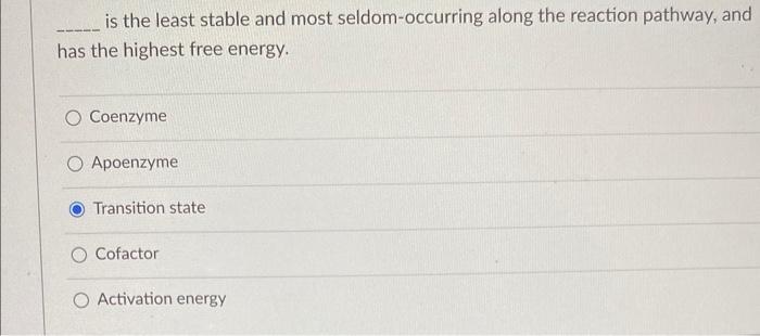 free energy. Coenzyme Apoenzyme Transition state Cofactor Activation energy The active site