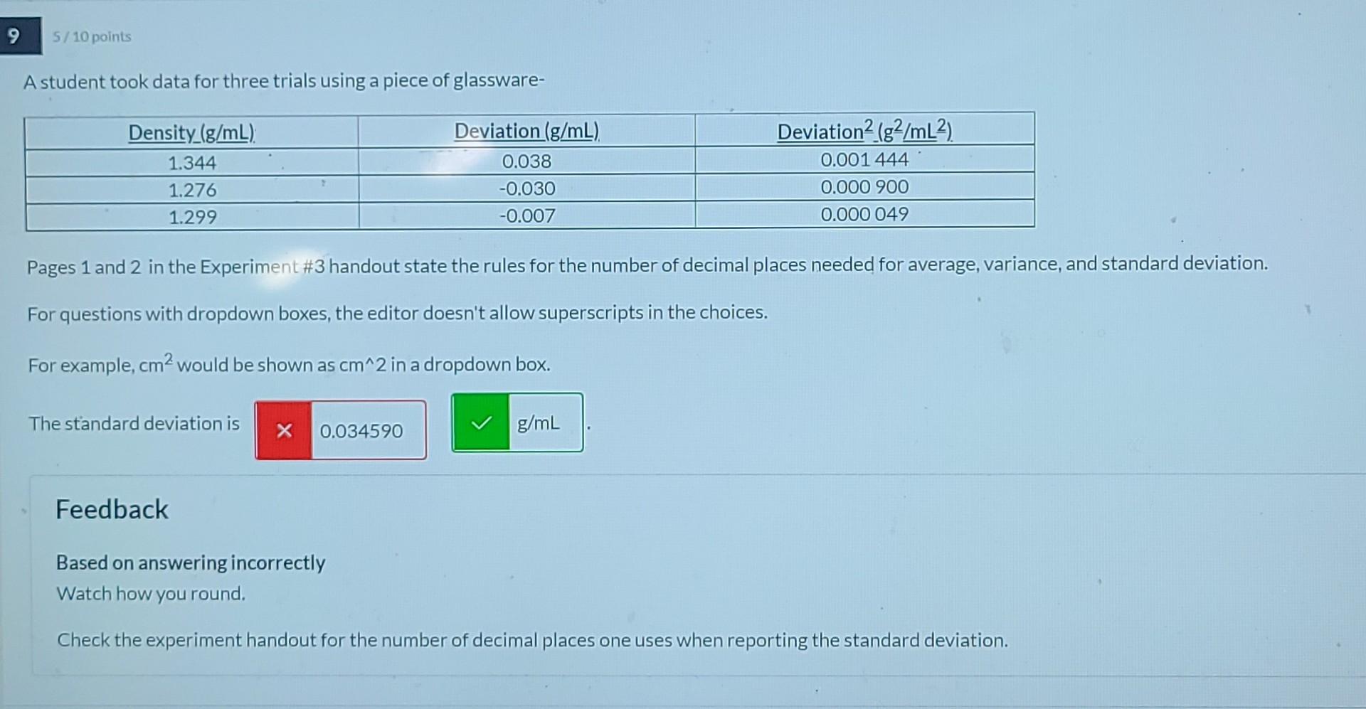 Deviation (g/mL) 0.023 -0.002 -0.022 Deviation_(g2/mL2) 0.000 529 0.000 004 0.000 484