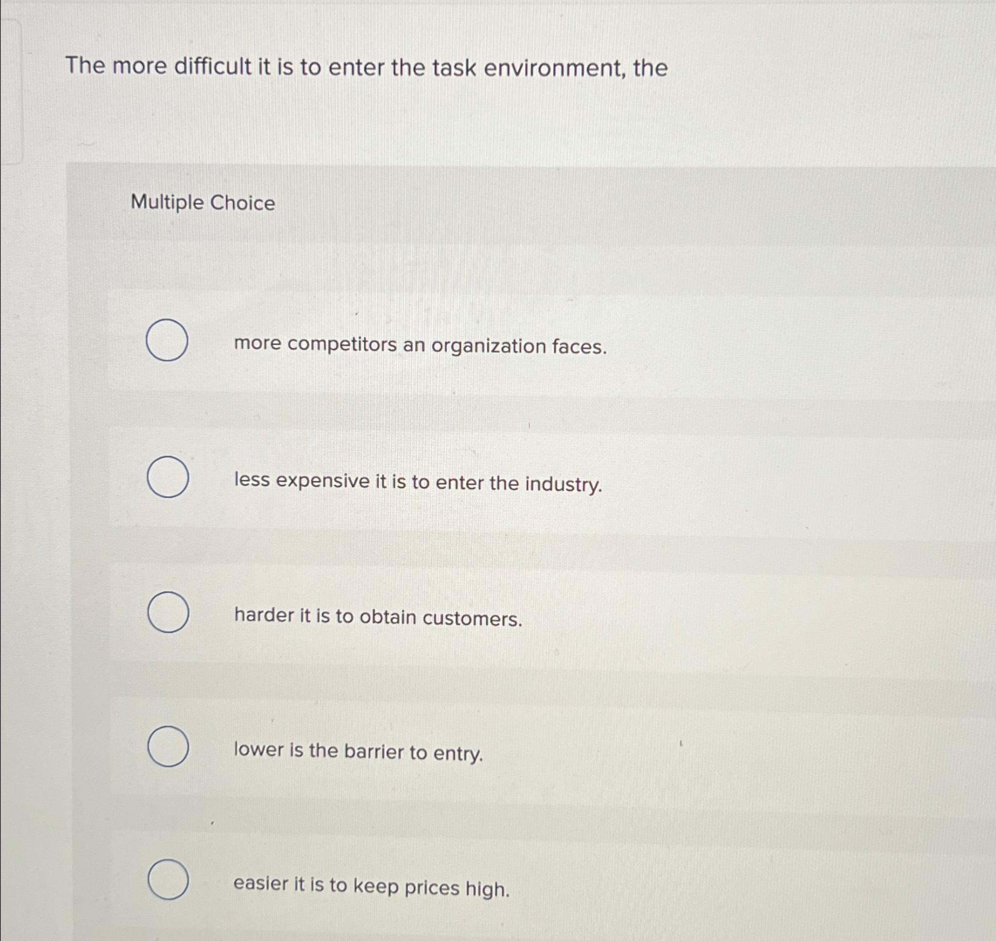  The more difficult it is to enter the task environment, the