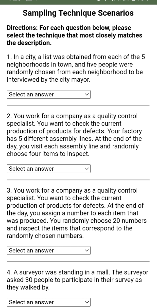 identify the each sampling technique scenarios e e e i i Sampling