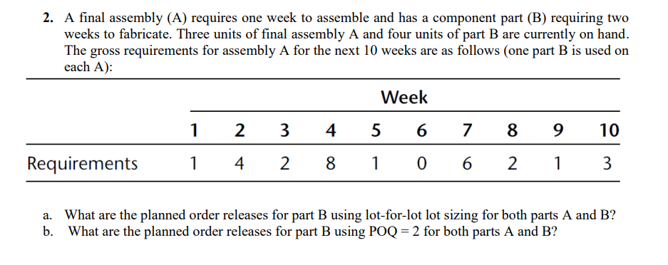 2. A final assembly (A) requires one week to assemble and