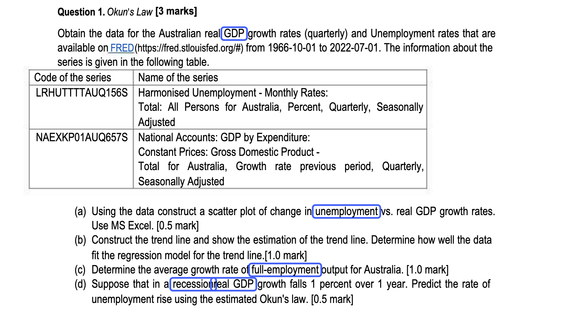  Question 1. Okun's Law [3 marks] Obtain the data for the