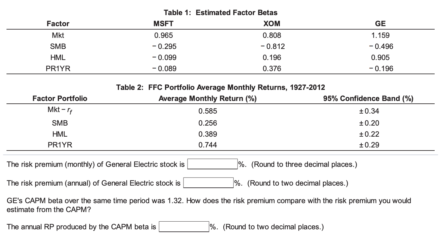 Using the factor beta estimates in Table 1 below and the expected