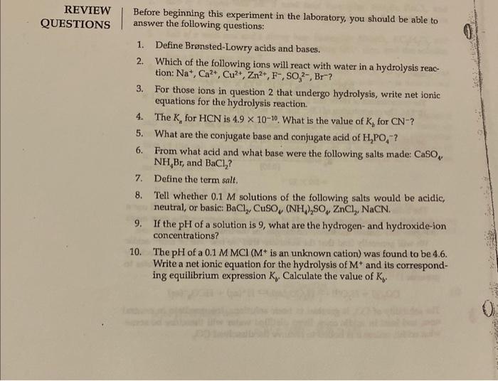 can you help me answer questions 1-10 Before beginning this experiment in
