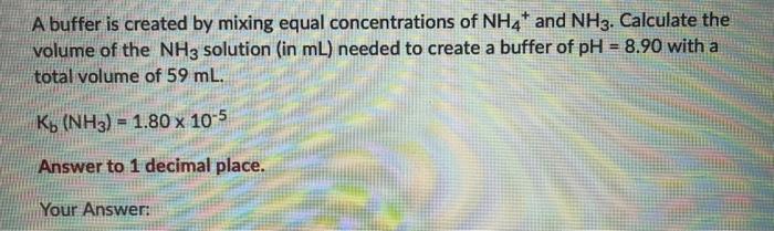  A buffer is created by mixing equal concentrations of NH4+ and