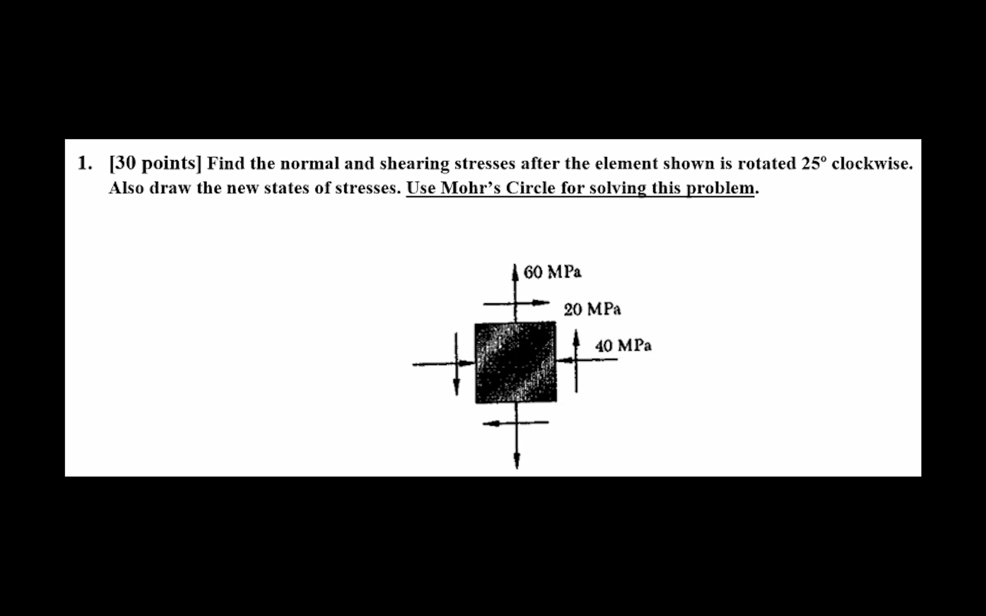  [30 points] Find the normal and shearing stresses after the element