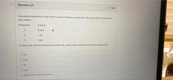  D Question 25 5 pts Hypothetical elements X and A form