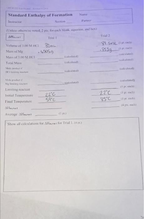 I need some help calculating information on this lab Just need help