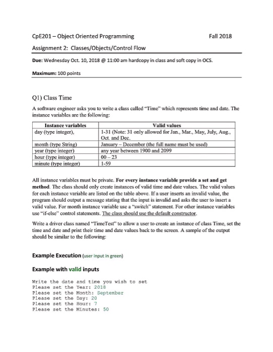  Using java program CpE201-Object Oriented Programming Assignment 2: Classes/Objects/Control Flow Due: