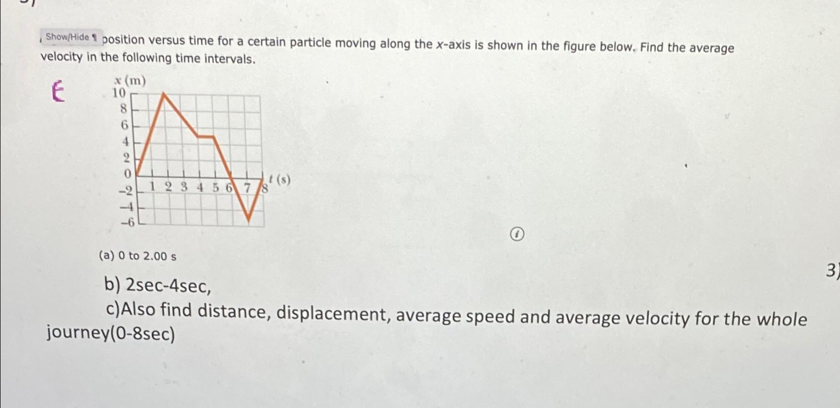  , Show/Hide 1 position versus time for a certain particle moving