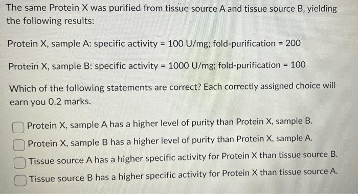  The same Protein X was purified from tissue source A and