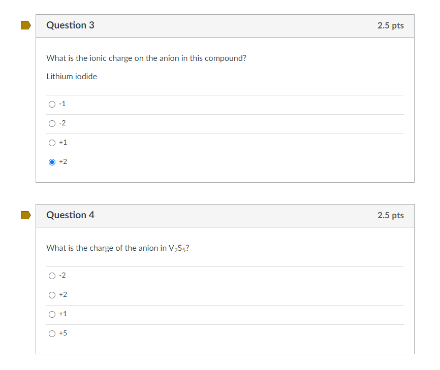  Question 3 2.5 pts What is the ionic charge on the