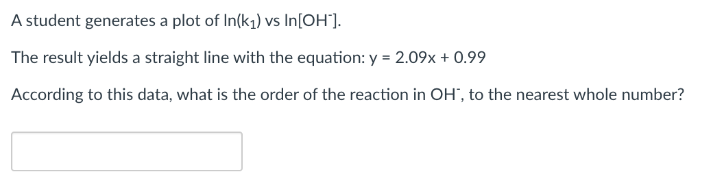  A student generates a plot of In(k) vs In[OH]. The result