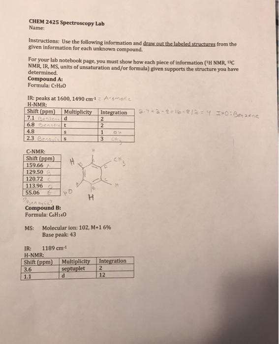 2 s 1 CHEM 2425 Spectroscopy Lab Name: Instructions: Use the