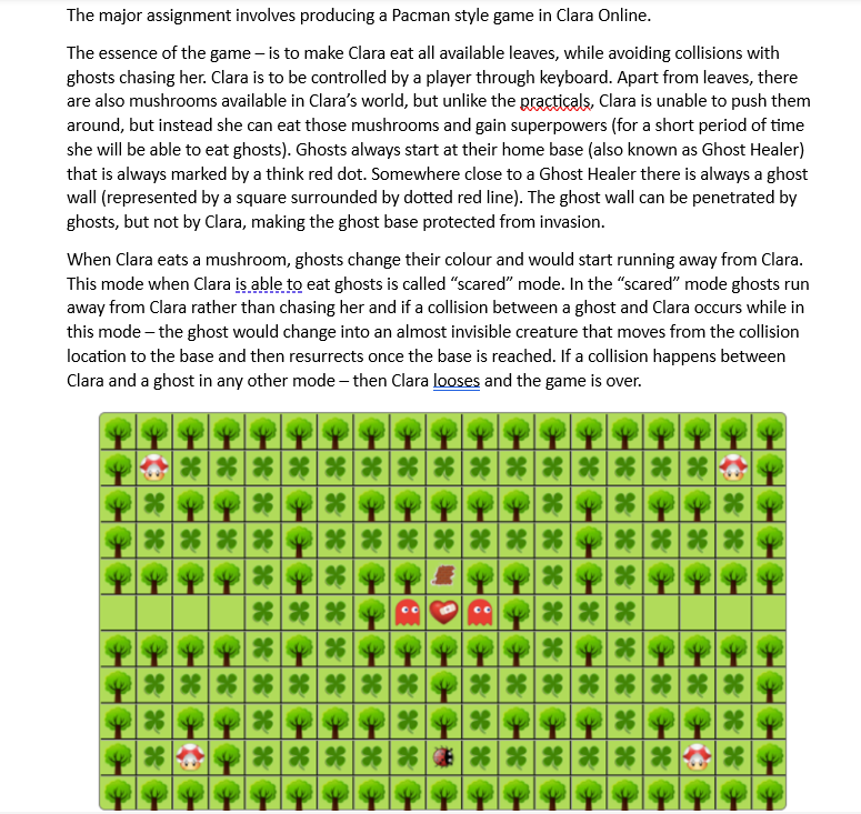 The major assignment involves producing a Pacman style game in Clara