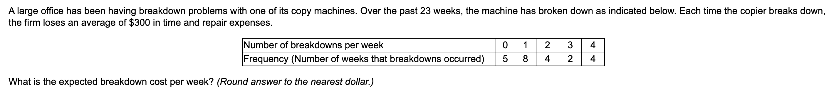  A large office has been having breakdown problems with one of