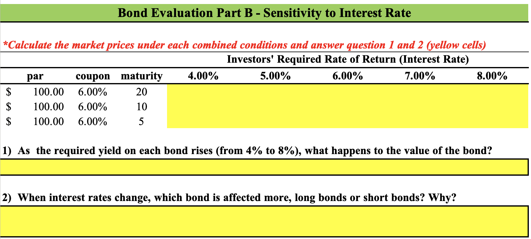 Bond Evaluation Part B - Sensitivity to Interest Rate *Calculate the