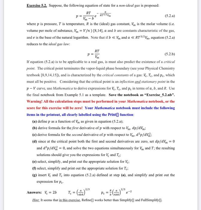 pls help RT a Exercise 5.2. Suppose the following equation of state