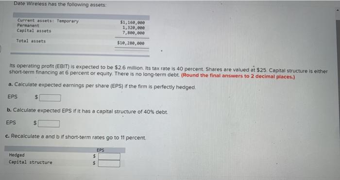  Date Wireless has the following assets: Current assets Temporary Permanent Capital
