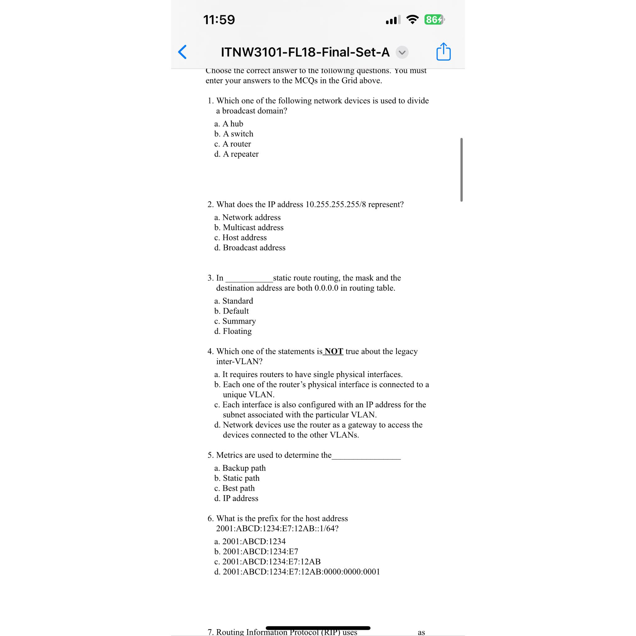  11:59 .112864 ITNW3101-FL18-Final-Set-A Choose the correct answer to the tollowing questions.