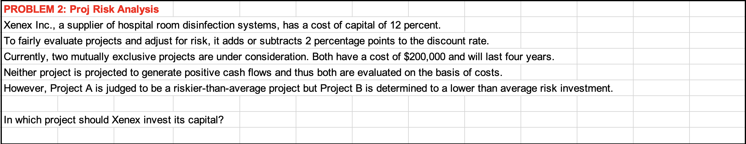  PROBLEM 2: Proj Risk Analysis Xenex Inc., a supplier of hospital