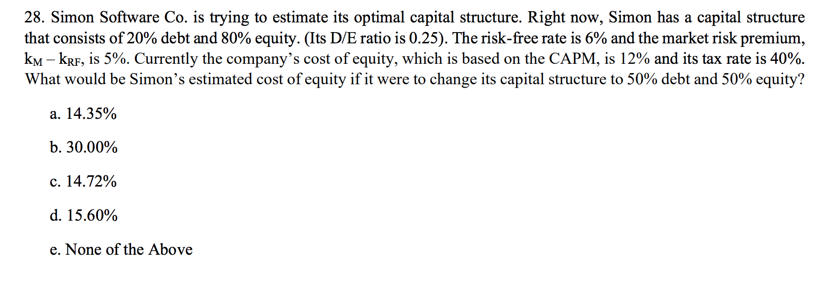  28. Simon Software Co. is trying to estimate its optimal capital