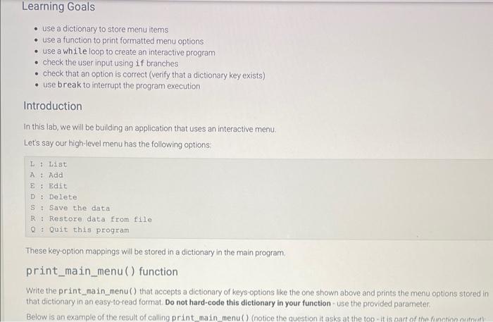 plz debug accordinglypython Learning Goals - use a dictionary to store menu