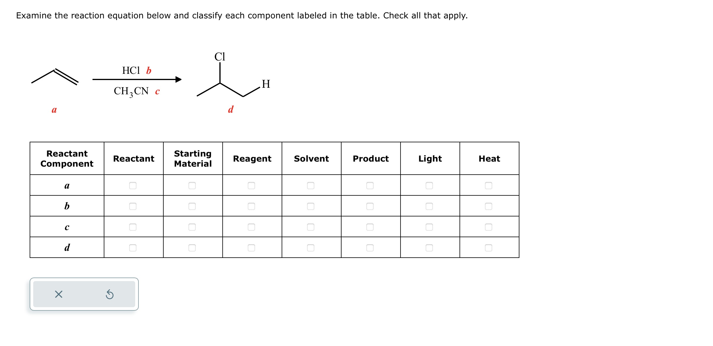 4 Examine the reaction equation below and classify each component labeled in