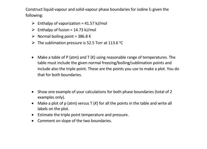  Construct liquid-vapour and solid-vapour phase boundaries for iodine 12 given the