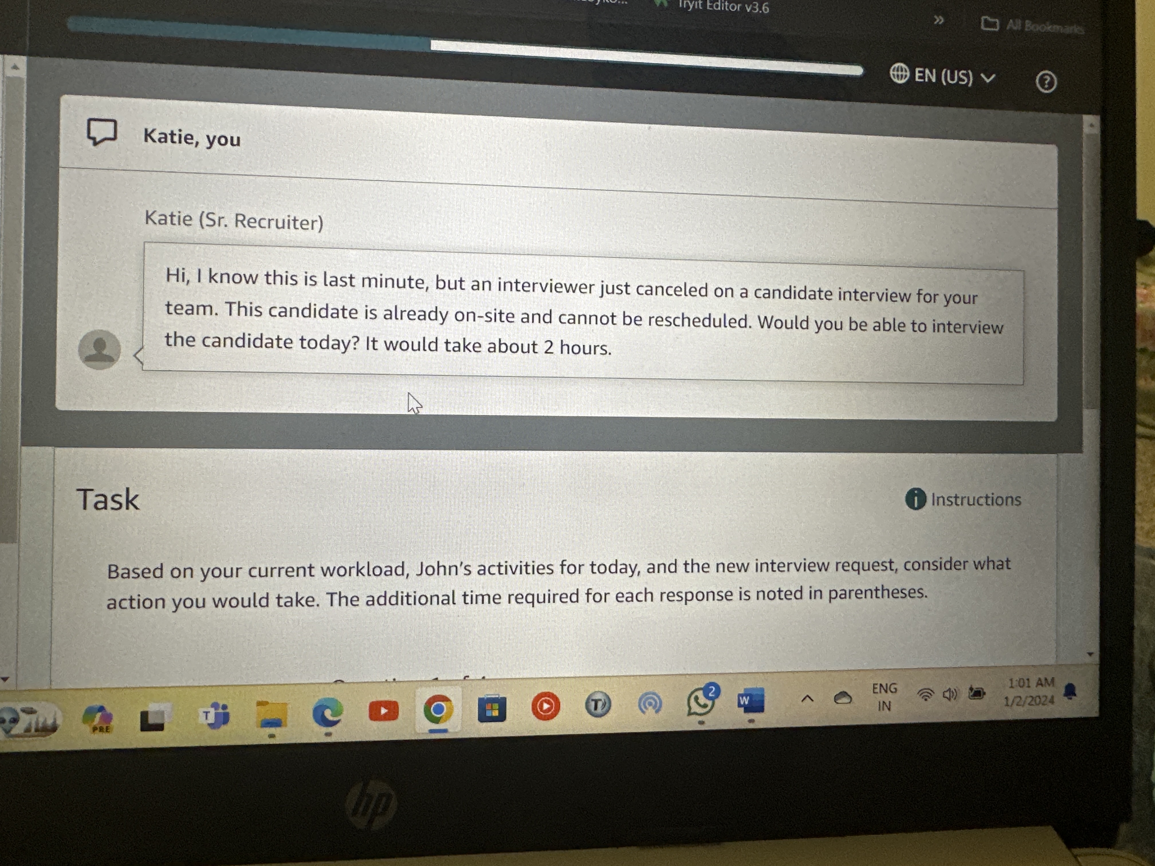  Subject: Help with John's Work Hi, John is out sick today.